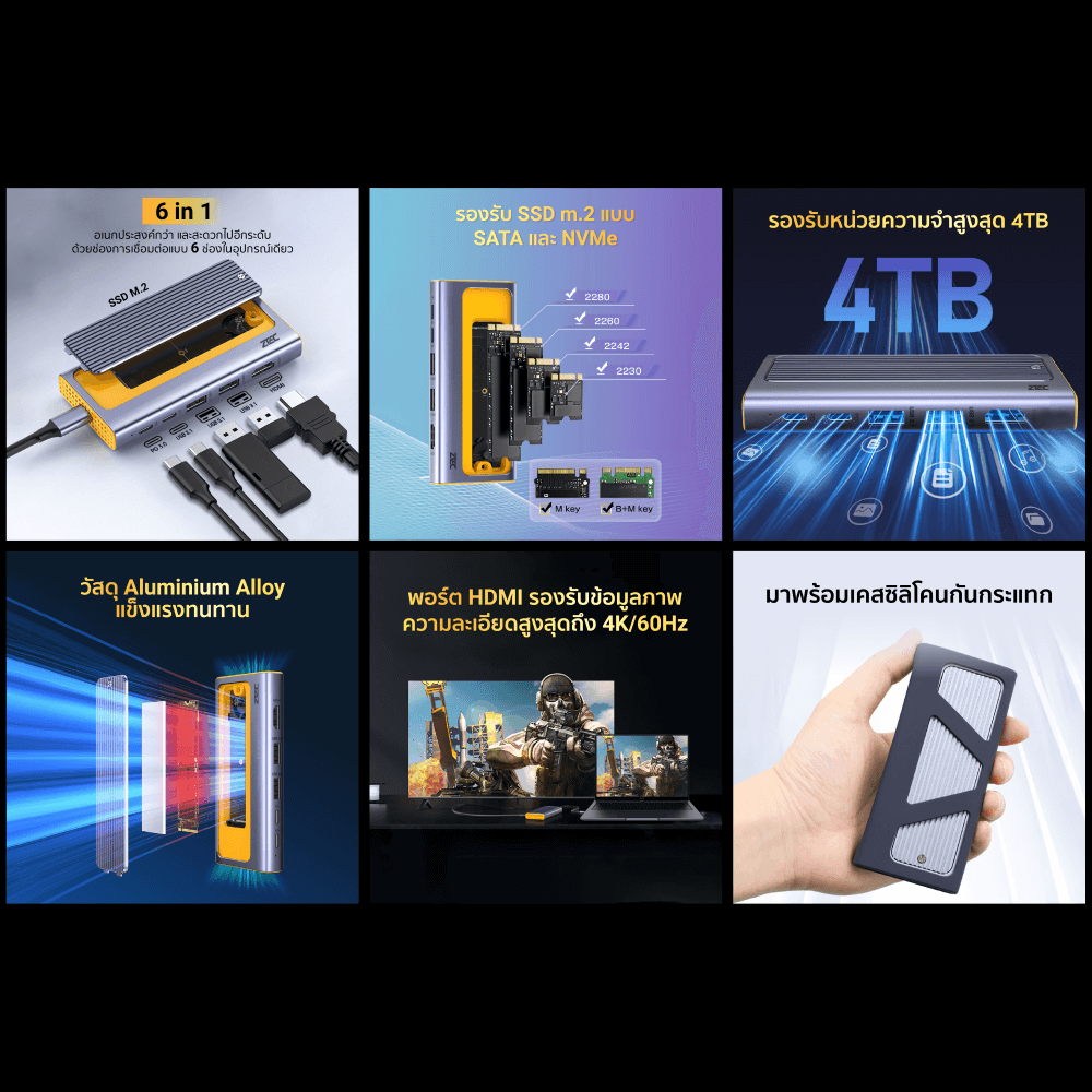 Portable M.2 (6in1) Docking Station ZTEC รุ่น ZD622 พอร์ต USB-C (ช่องการเชื่อมต่อ 6 ช่องในอุปกรณ์เดียว)_2